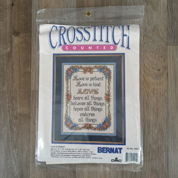Bernat Other - Vtg Bernat Counted Cross Stitch Kit Love Is Patient Religious Home Decor 16x20‎